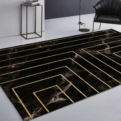 Washable Polyester Carpet with Black Marble Design and Stripes, Non-Slip Backing