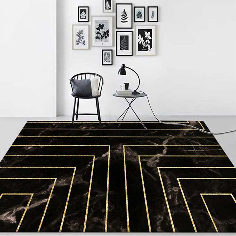 Washable Polyester Carpet with Black Marble Design and Stripes, Non-Slip Backing