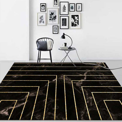Washable Polyester Carpet with Black Marble Design and Stripes, Non-Slip Backing