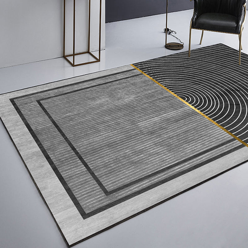 Modern Black Geometric Area Rug with Stripes – Washable Polyester, Non-Slip