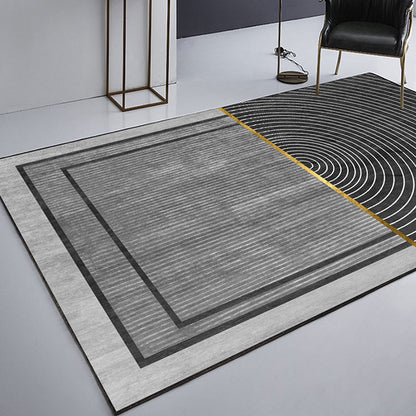 Modern Black Geometric Area Rug with Stripes – Washable Polyester, Non-Slip