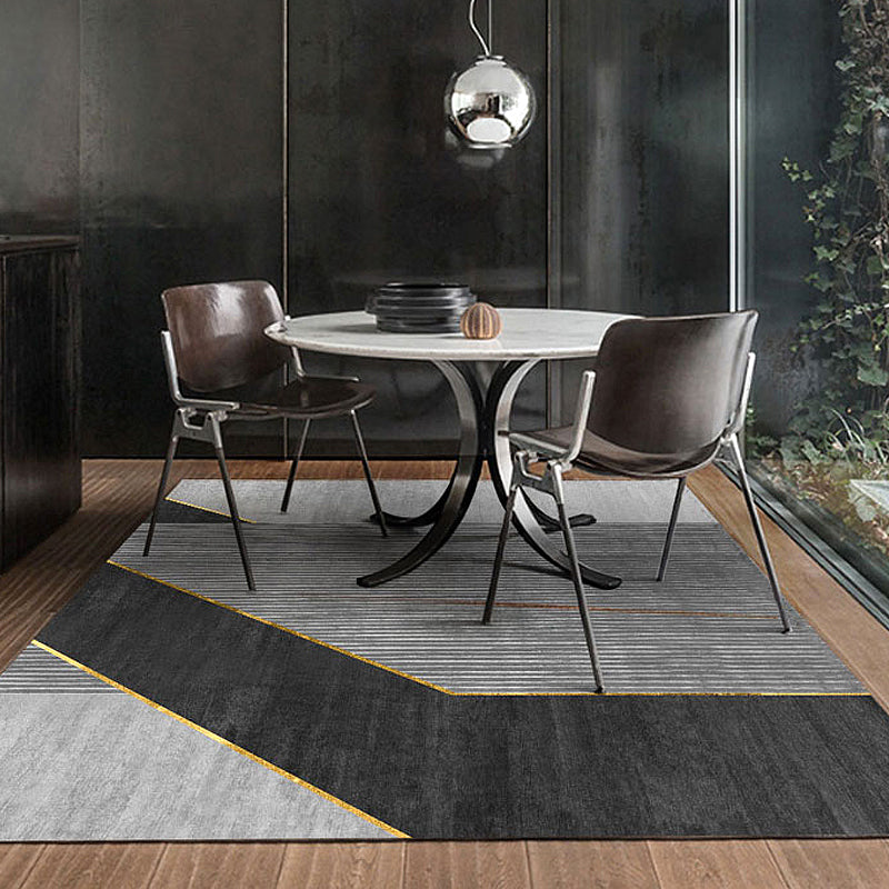 Modern Black Geometric Area Rug with Stripes – Washable Polyester, Non-Slip
