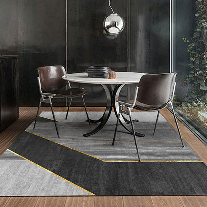 Modern Black Geometric Area Rug with Stripes – Washable Polyester, Non-Slip
