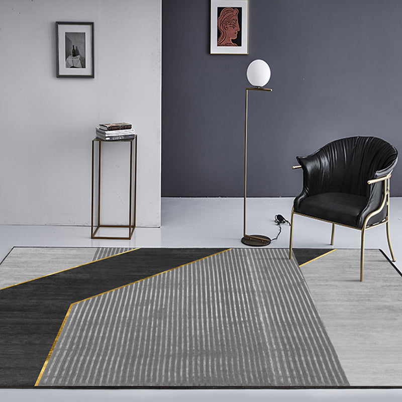 Modern Black Geometric Area Rug with Stripes – Washable Polyester, Non-Slip