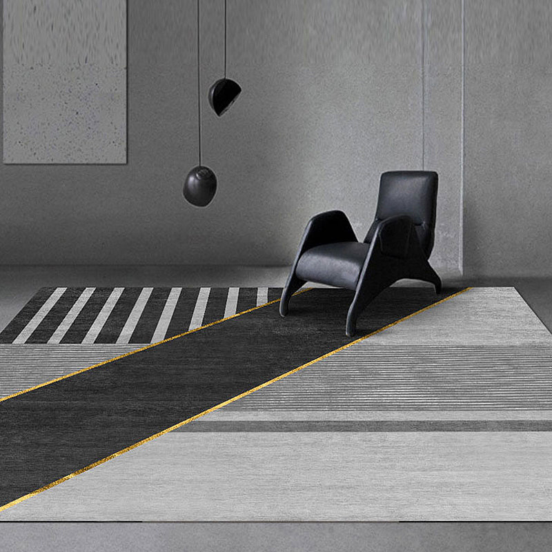 Modern Black Geometric Area Rug with Stripes – Washable Polyester, Non-Slip