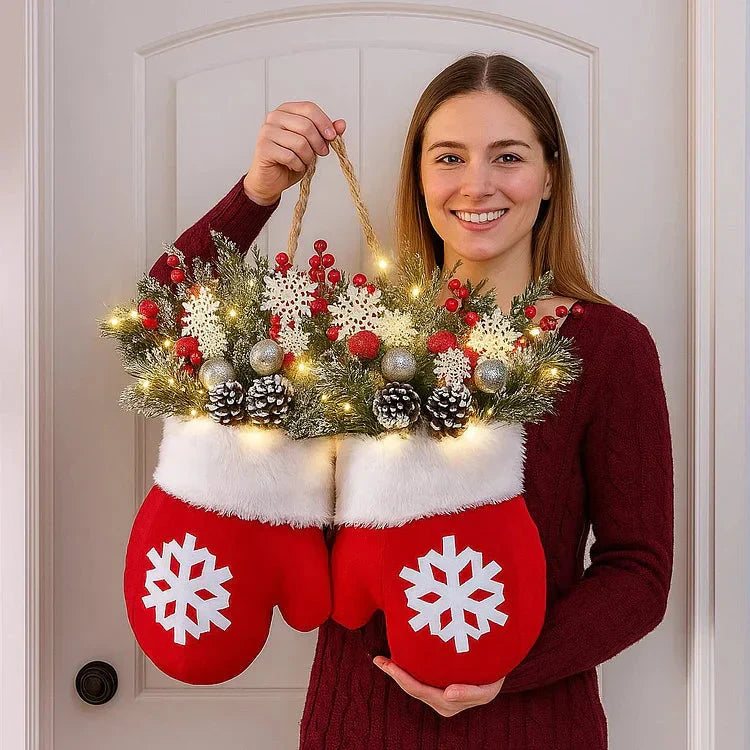 Mitten-Shaped Christmas Wreath with 120 LEDs and Timer Function