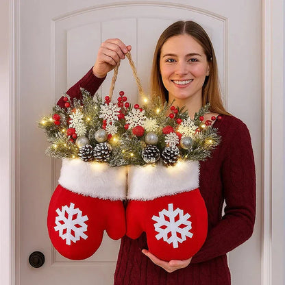 Mitten-Shaped Christmas Wreath with 120 LEDs and Timer Function