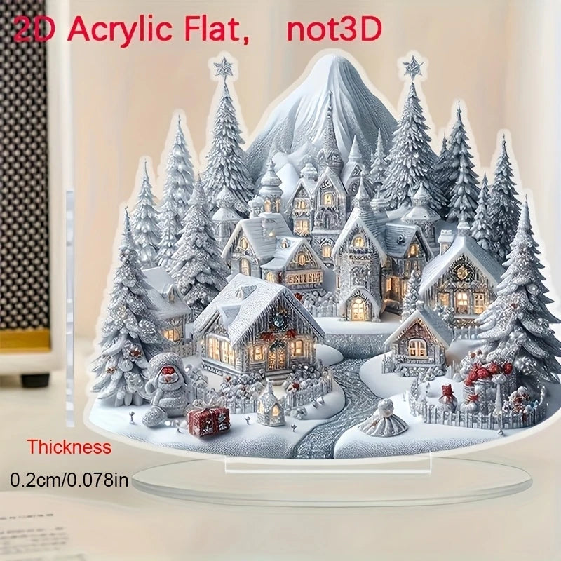Acrylic Christmas Ornament - Snow Village with Reindeer Scene - Flat 2D Design