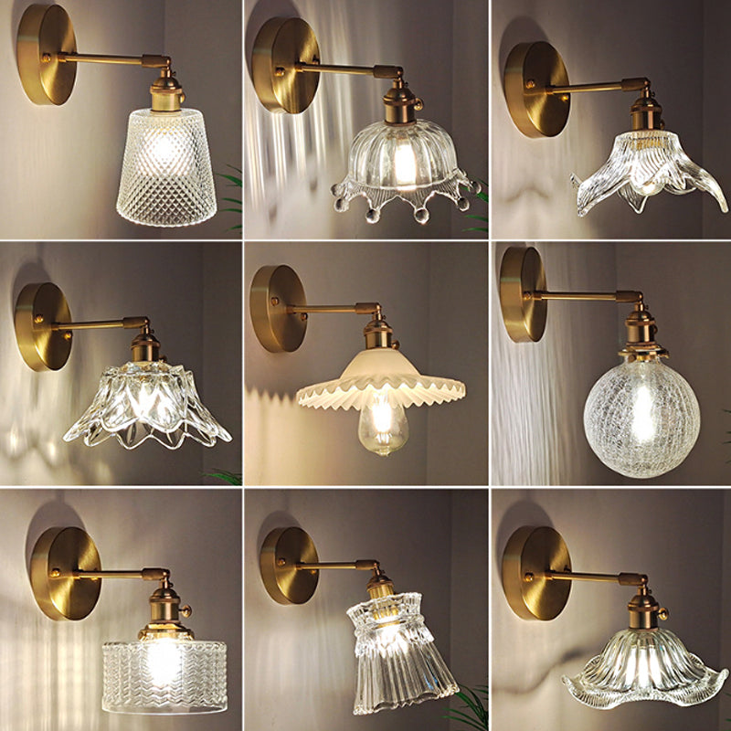 Industrial Wall-Mounted Reading Light with Swing Arm and Clear Glass Shade