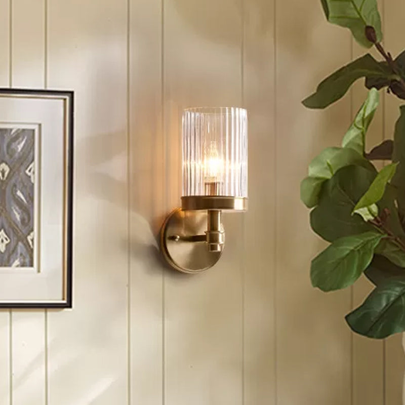 Traditional Cylinder Wall Sconce Light with Transparent Glass - Brown/Gold