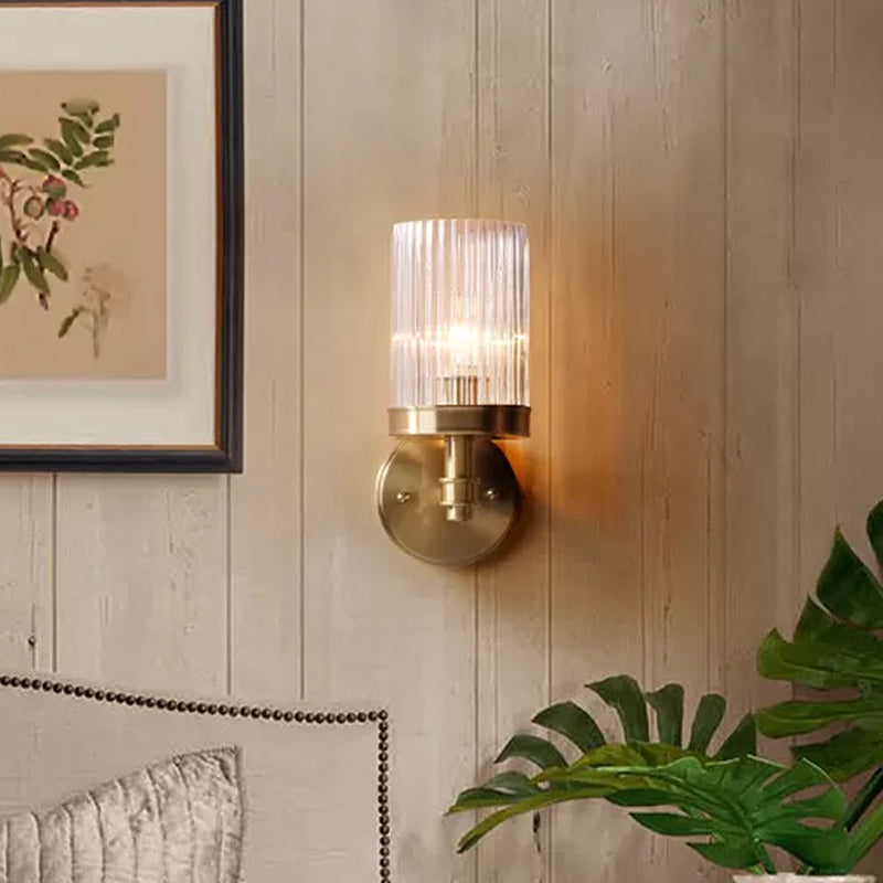 Traditional Cylinder Wall Sconce Light with Transparent Glass - Brown/Gold