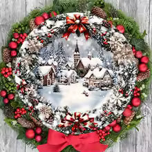 Wooden Christmas Sign with Relief Design - Winter Village and Snowy Scene - Wall and Door Decor