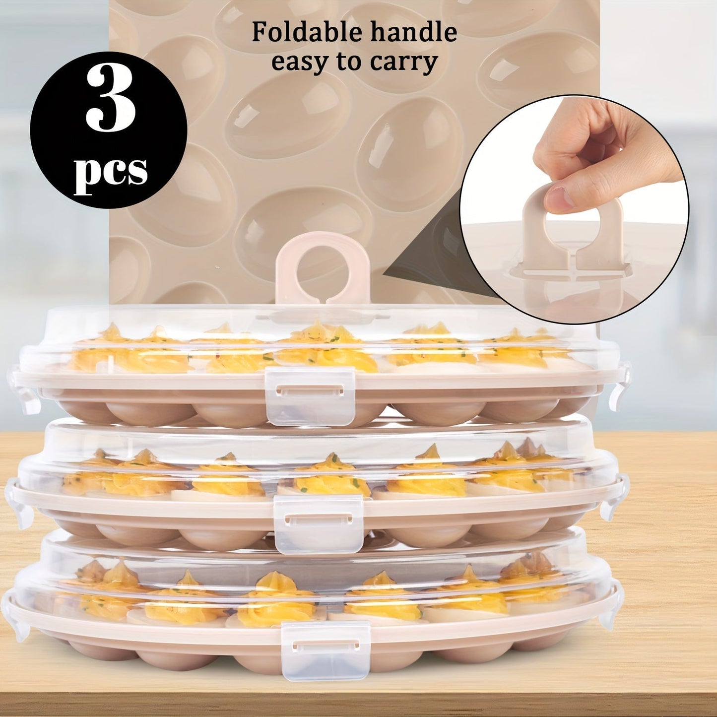 3-Piece Round Deviled Egg Serving Platters – Brown Carrier with Lid, Holds 22 Eggs