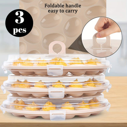 3-Piece Round Deviled Egg Serving Platters – Brown Carrier with Lid, Holds 22 Eggs