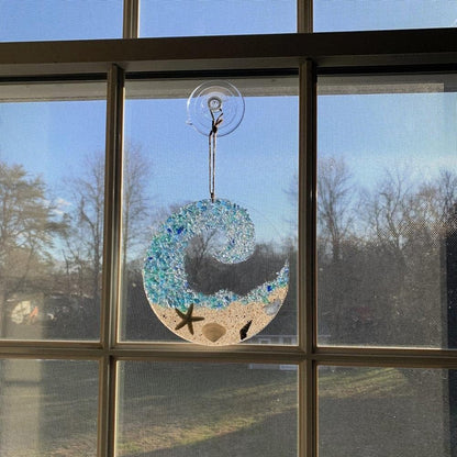 Ocean Wave Sun Catcher - Beach Decor with Sea Glass Design