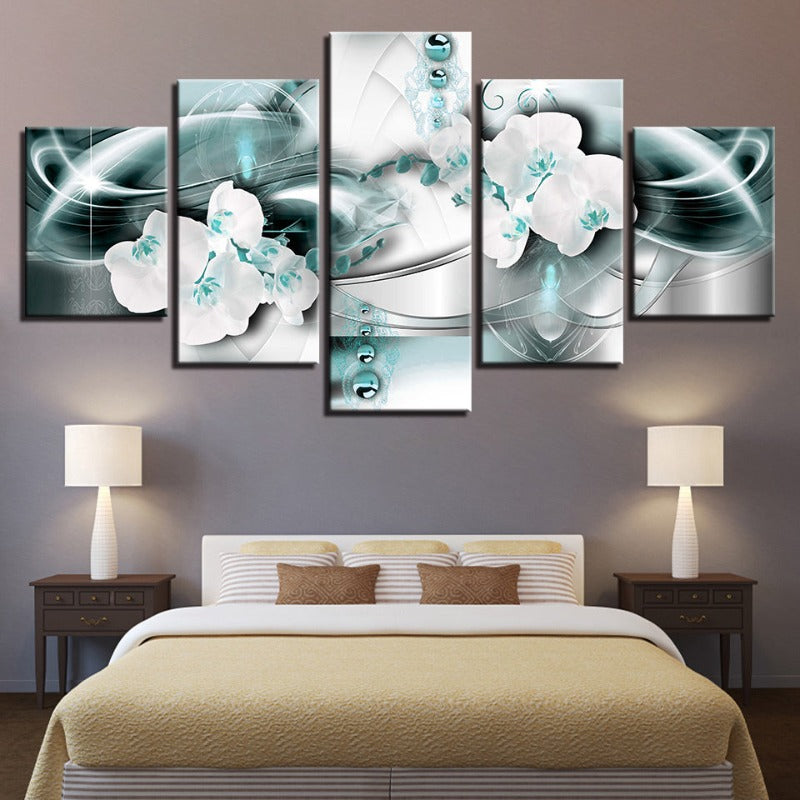 Serene Blue Floral Canvas Art - 5 Panel Wall Décor