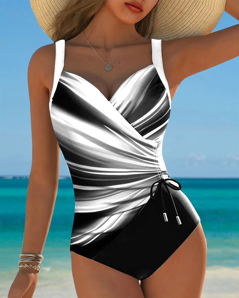 One-Piece Swimsuit with Lace-Up Details and Contrasting Color Accents