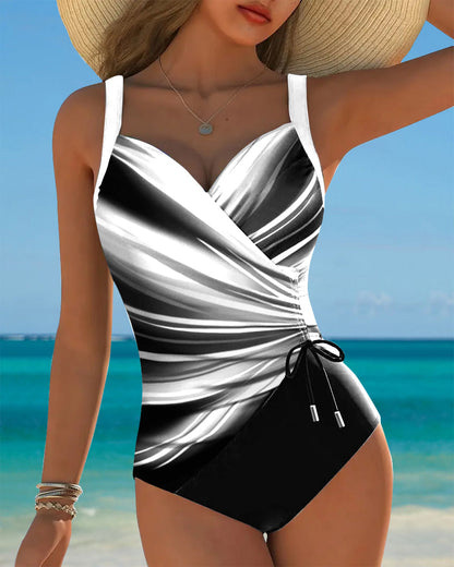 One-Piece Swimsuit with Lace-Up Details and Contrasting Color Accents