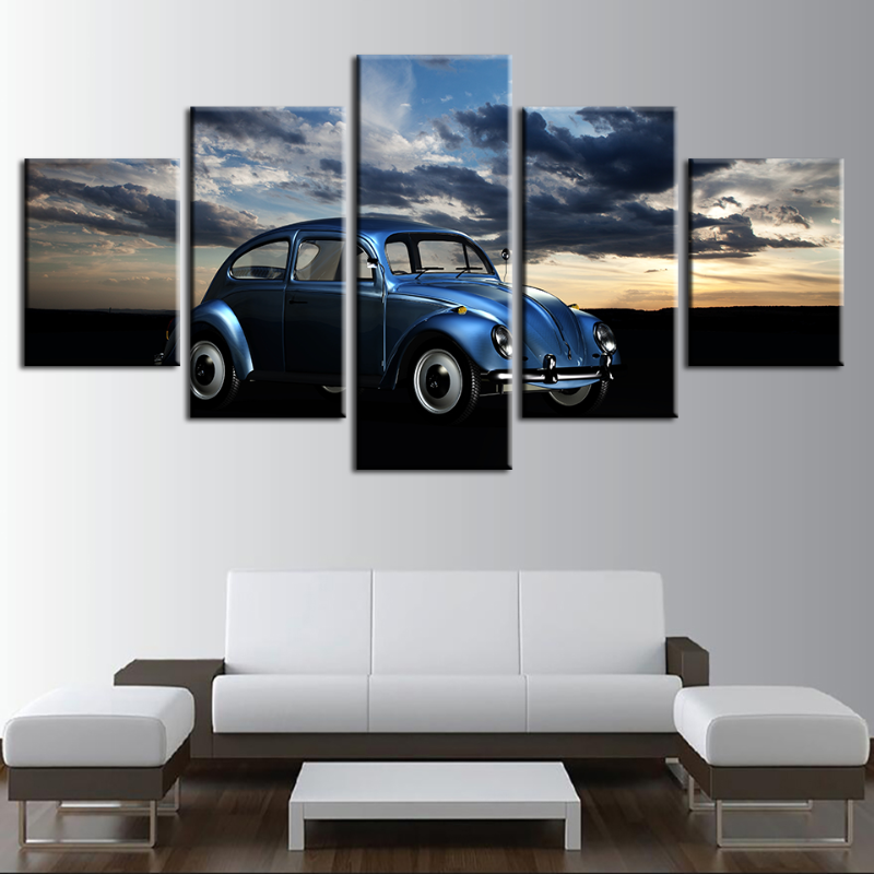 5-Piece Canvas Art Set - Vintage Car in Serene Blue
