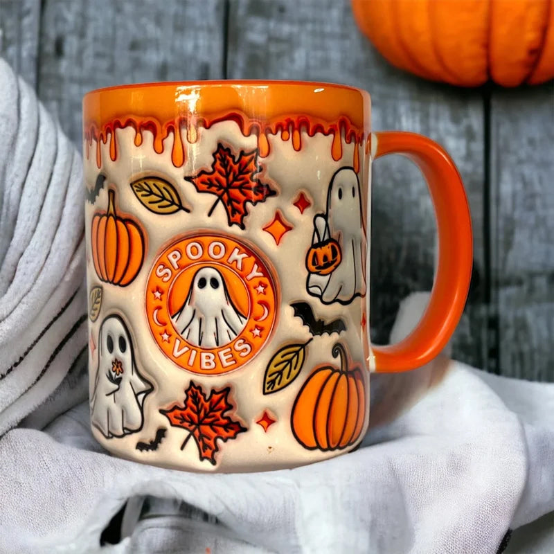 Coffee Mug Featuring Ghost Design and Pumpkin Motif