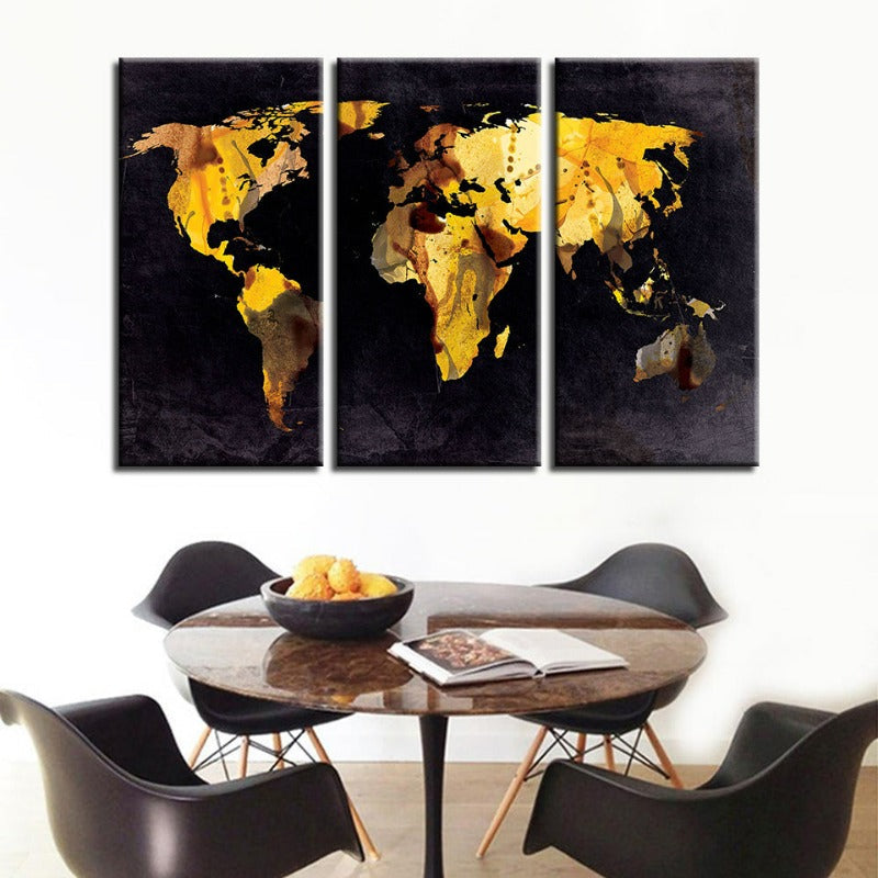 Set of 3 Canvas Art Prints - Yellow Leaf World Map Decor