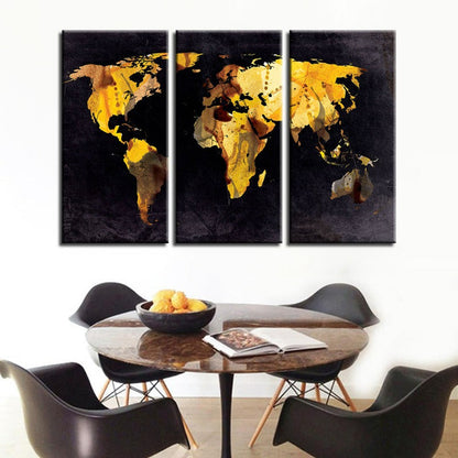 Set of 3 Canvas Art Prints - Yellow Leaf World Map Decor