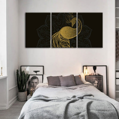 Tranquil Golden Peacock Mandala - 3-Piece Canvas Art Set