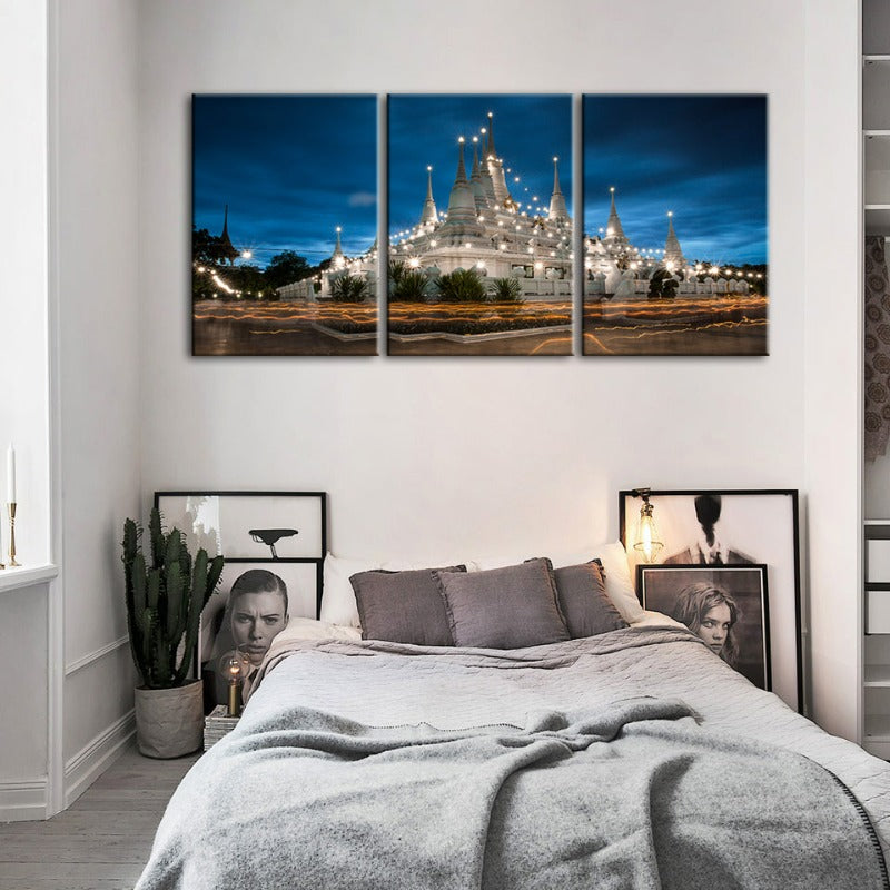 Set of 3 Canvas Wall Art Paintings – Serene Temple at Night