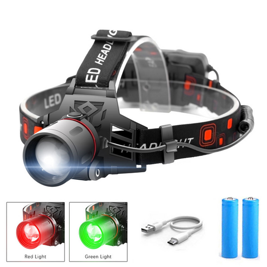 Rechargeable LED Headlamp – White, Red, Green Light, USB & Battery