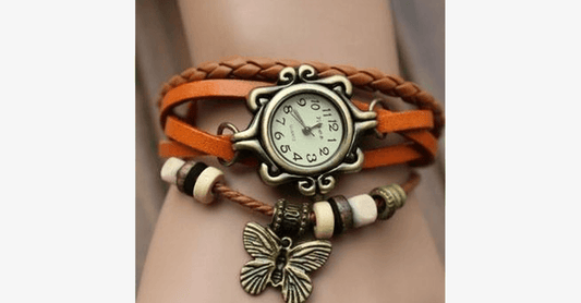 Multicolored Genuine Leather Butterfly Wrap Watch with Snap Closure