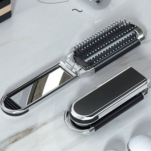 Foldable Compact Travel Mirror and Hair Brush for On-the-Go Styling