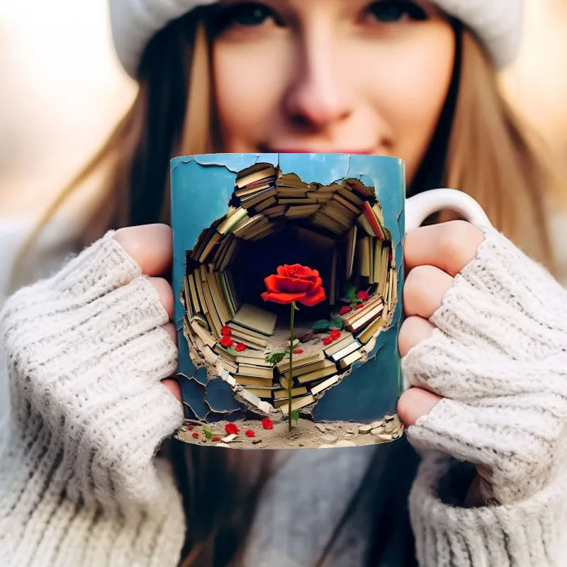 Charming 3D Floral Bookshelf Coffee Mug | BloomCraft