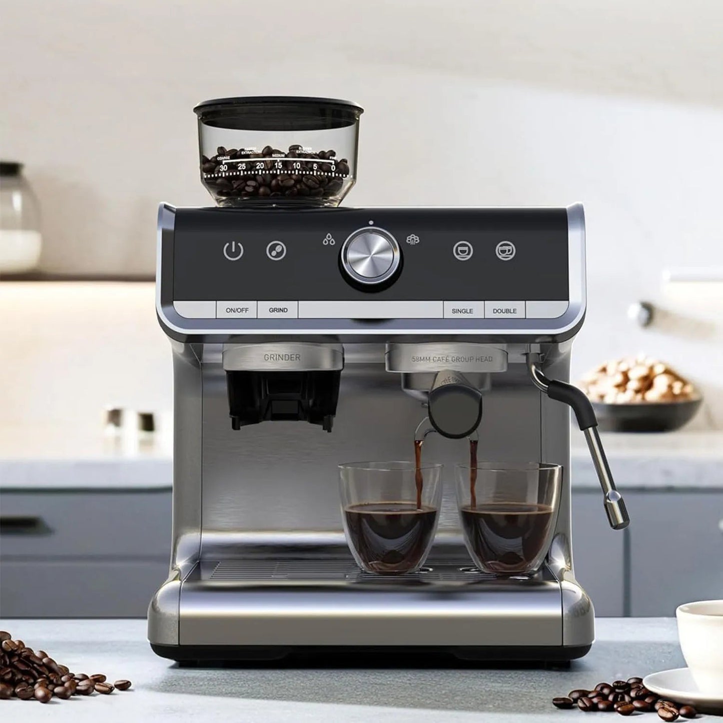 Espresso Maker with Integrated Burr Grinder, 20-Bar Pressure, 30 Grind Options, Steam Wand & 94.6 fl oz Reservoir