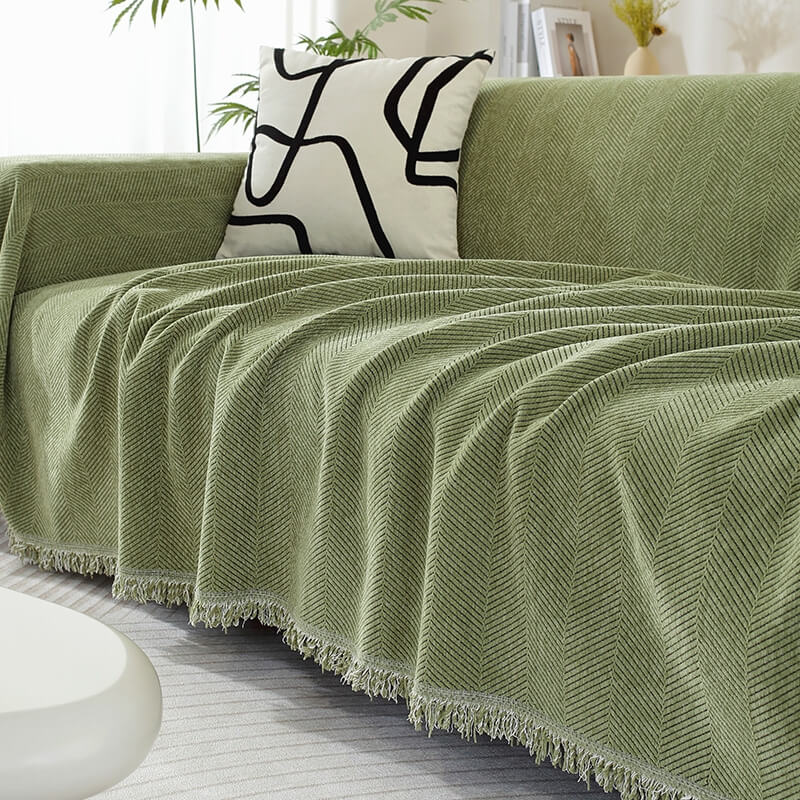 Chenille Herringbone Blanket with Tassels for Sofa