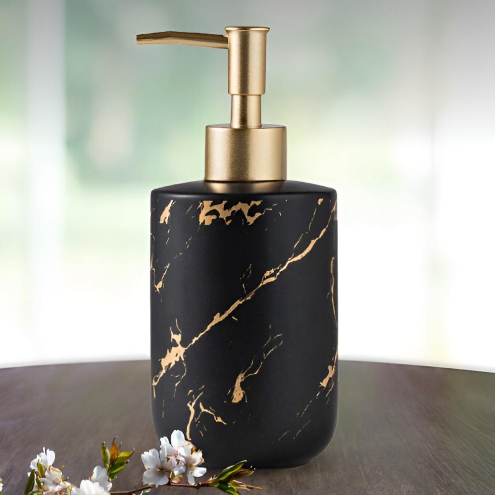 Sophisticated Ceramic Soap Dispenser | Marble Finish & Gold Touches | 400 ml for Bathroom & Kitchen