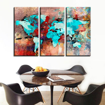 Abstract Canvas Art Set of 3 - Sea Blue and Red World Map Decor