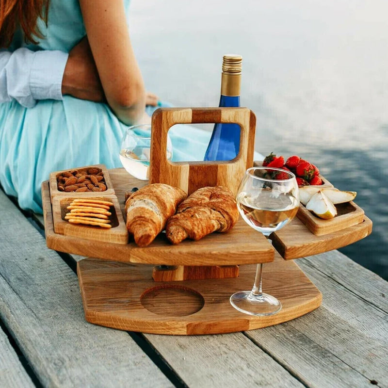 Compact Wooden Picnic Table for Wine and Snacks | Travel-Friendly