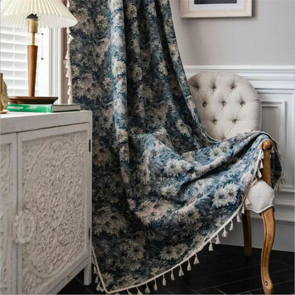 Elegant Navy Blossom Tassel Drapes for a Chic Home