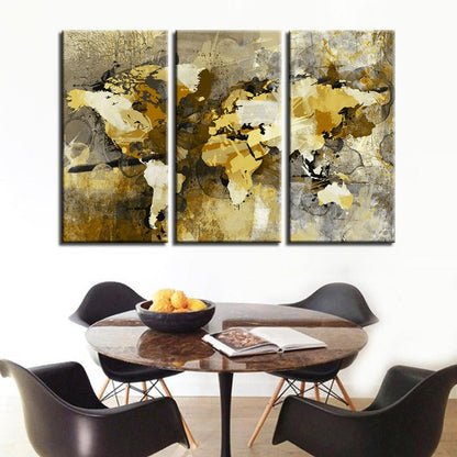 Abstract Yellow and Brown World Map Canvas Art Set of 3 Panels