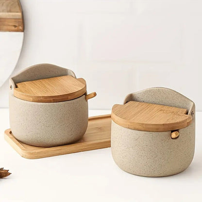 Elegant Bamboo and Ceramic Spice Storage Duo