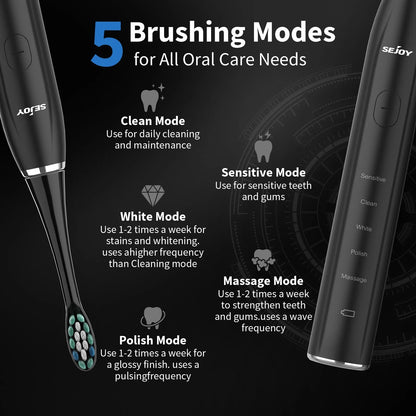 Deep Clean Sonic Toothbrush with 37,200 Vibrations/min | 5 Modes, 12 Heads, 30-Day Battery, Travel-Friendly Design