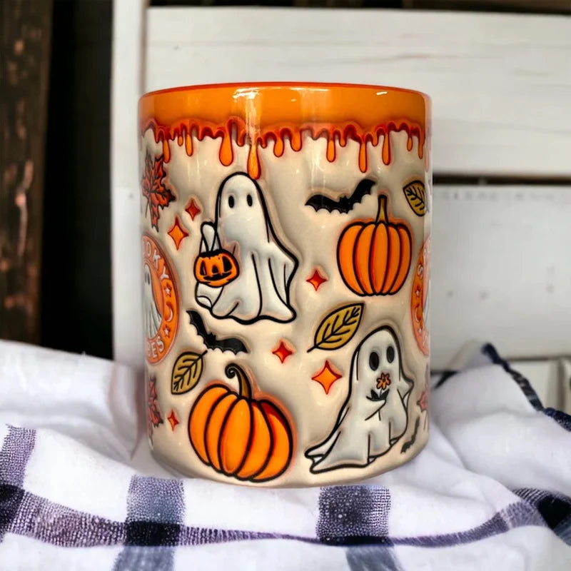 Coffee Mug Featuring Ghost Design and Pumpkin Motif