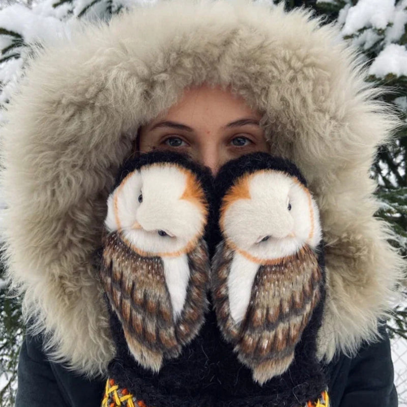 Wool Nordic Gloves with Owl Design - Handknitted