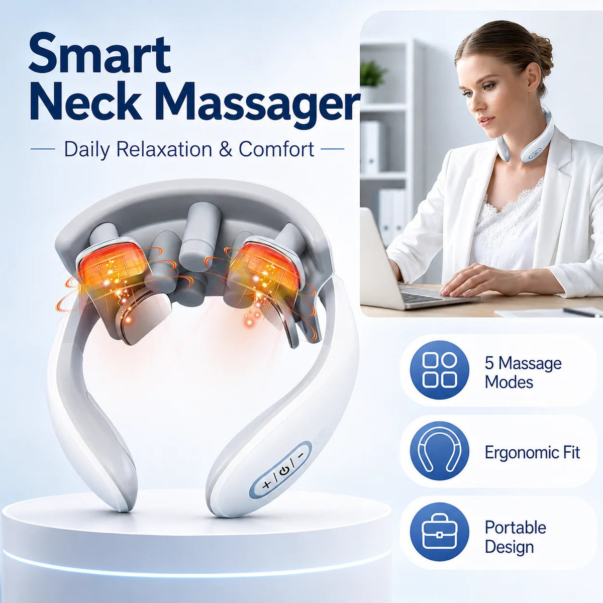 Neck Massager with 5 Settings, Soothing Heat, Comfortable Design for Home, Office & Travel