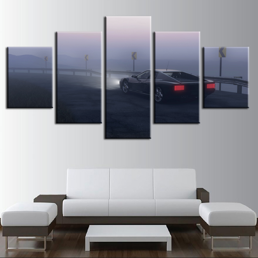 5-Piece Canvas Set - Vintage Black Car in Misty Landscape