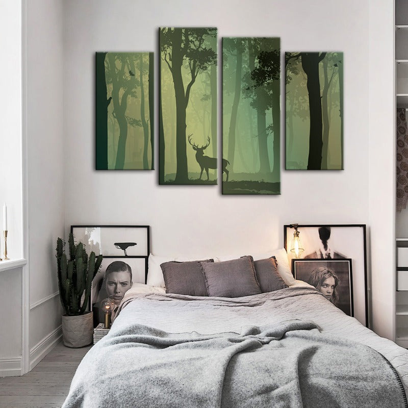 Majestic Green Forest Deer - 4 Piece Canvas Art Set