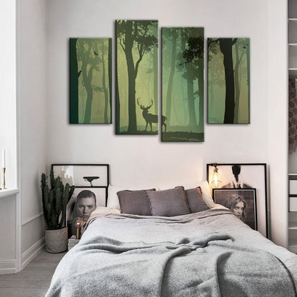 Majestic Green Forest Deer - 4 Piece Canvas Art Set