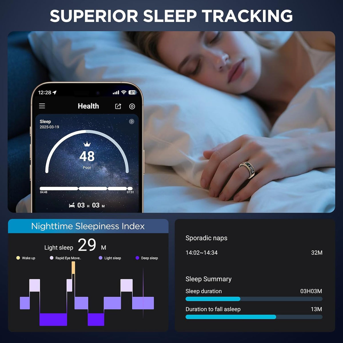Touchscreen Health Tracker Smart Ring - 5ATM Waterproof Display