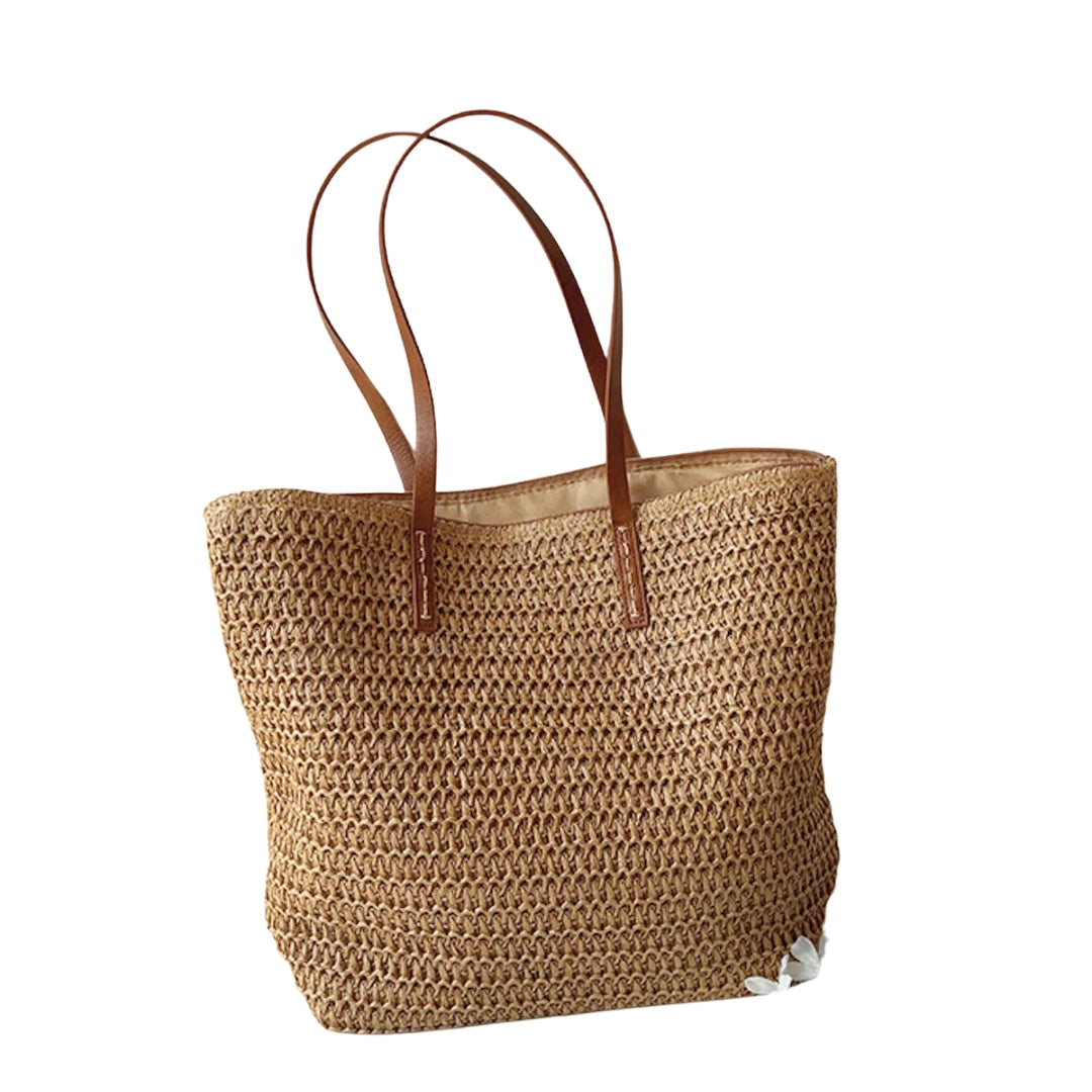 Women's Leather-Handled Wicker Tote Bag