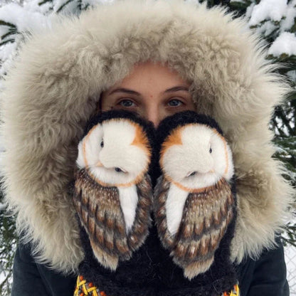 Wool Nordic Gloves with Owl Design - Handknitted